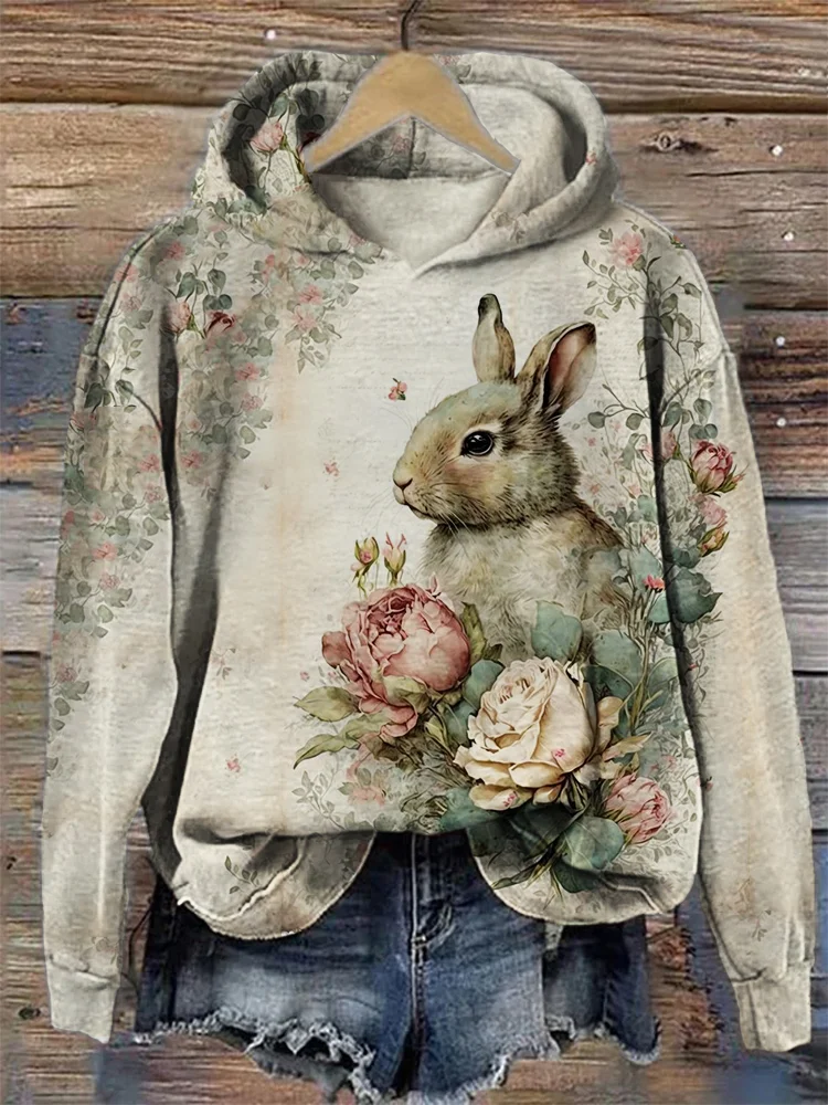 Vintage Bunny Floral Art Cozy Hoodie