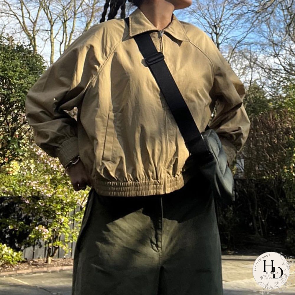 Khaki Jacket Women Grunge Aesthetic Turn Down Collar Long Sleeve Tops Vintage Zipper Coat
