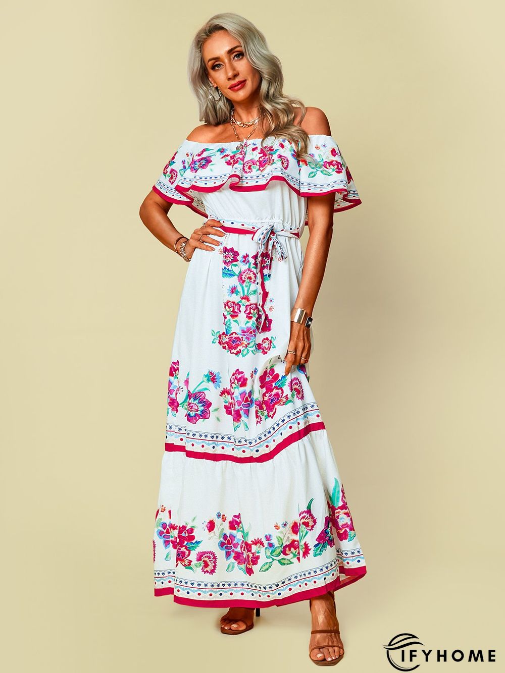 Off Shoulder Floral-Print Swing Cold Shoulder Weaving Dress | IFYHOME