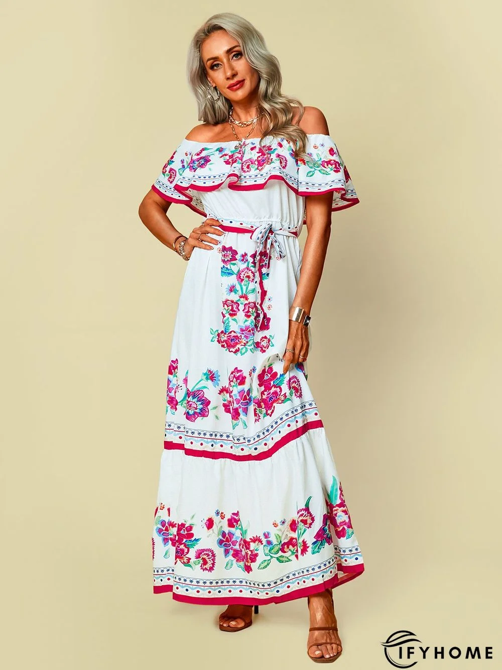 Off Shoulder Floral-Print Swing Cold Shoulder Weaving Dress | IFYHOME