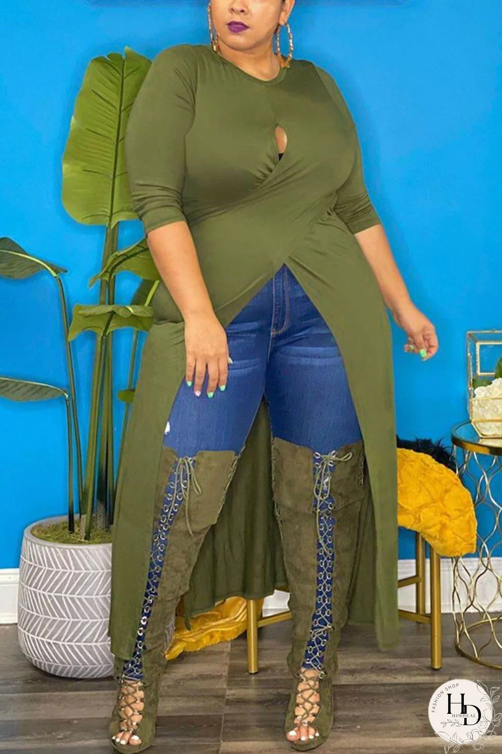 Red Sexy Solid Hollowed Out Slit O Neck Plus Size