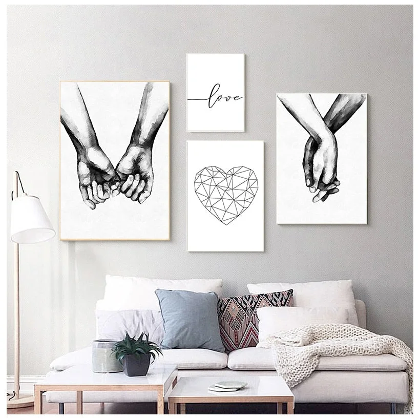 Love Poster Couple Holding Hands Painting Black And White Wall Art Canvas Minimalist Print Nordic Wall Pictures For Living Room