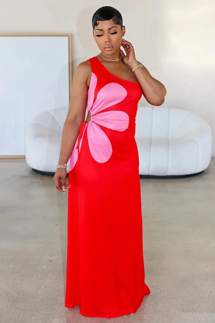 One Shoulder Sleeveless Floral Print Vacation Maxi Dresses-Red