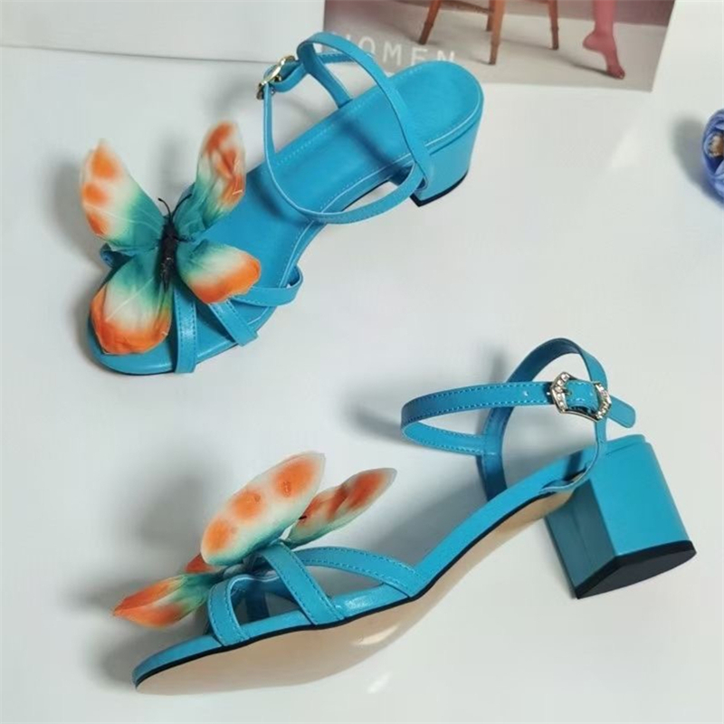 Vivid Butterfly-Flower Embellishment Sandals Women 10cm Stiletto Heel Concise Narrow Band Ankle Strap Shoes