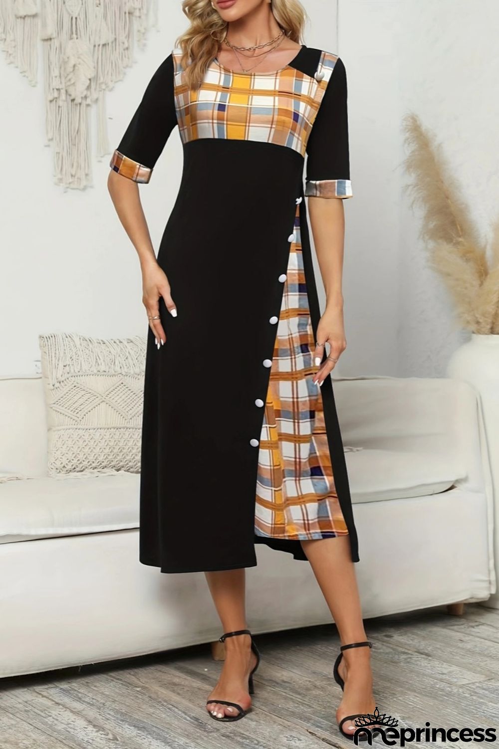 Casual Plaid Print Patchwork O Neck Short Sleeve Dress Dresses