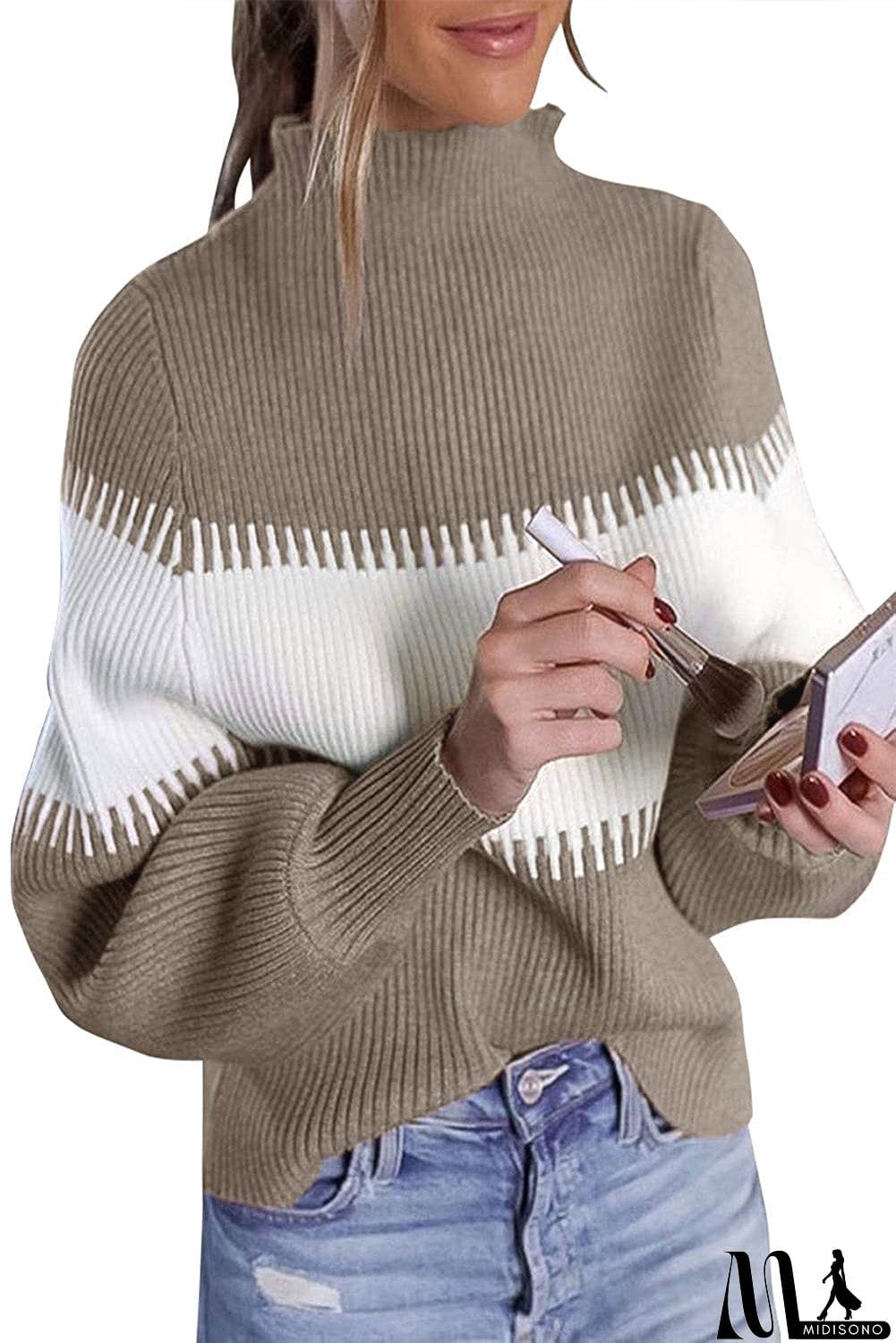 MidiSono - Color Block High Neck Pullover Sweater