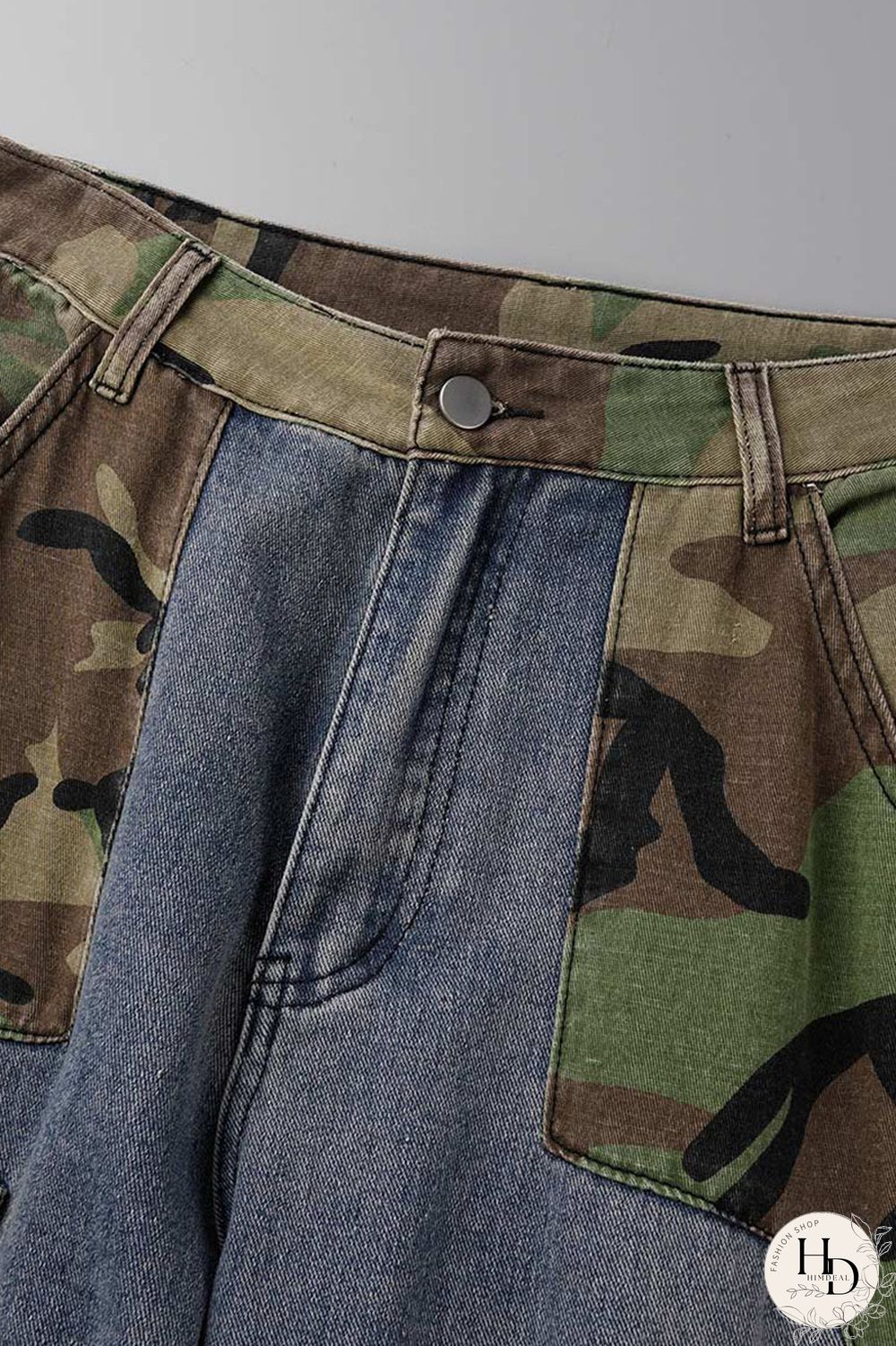 Blue Street Print Camouflage Print Patchwork High Waist Loose Denim Jeans