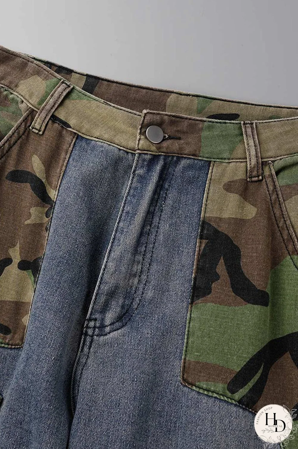 Blue Street Print Camouflage Print Patchwork High Waist Loose Denim Jeans