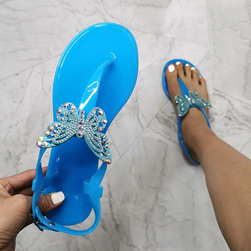 Vstacam 2022 NEW Summer Women`s Flat Beach Shining Rhinestones Butterfly Sandals T-strap Thong Flip Flops Slippers Flat Summer Shoes