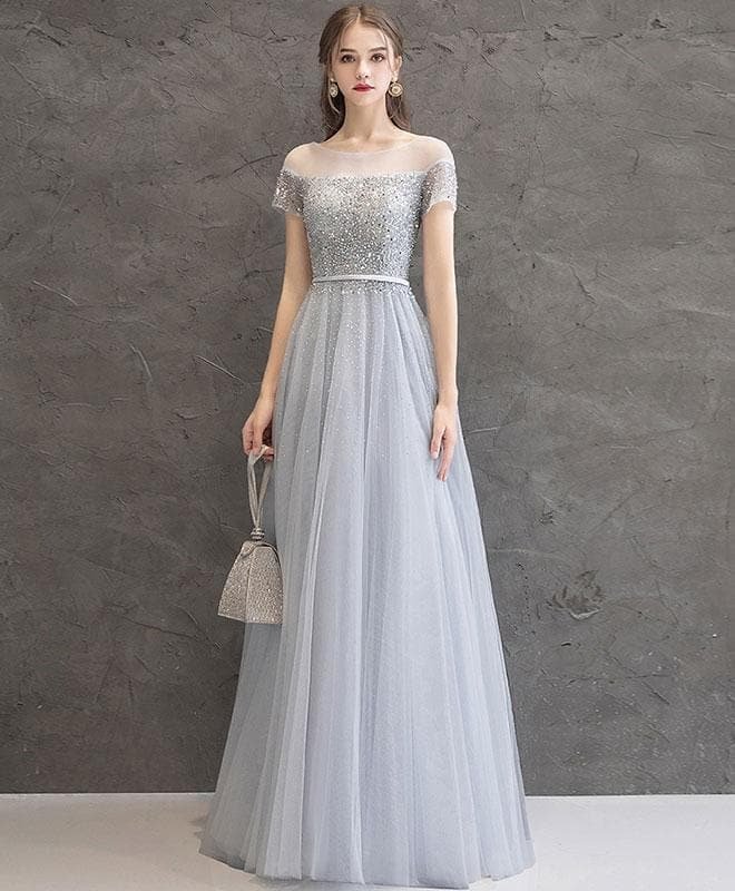 Gray Tulle Sequin Long Prom Dress Gray Tulle Formal Dress 1415