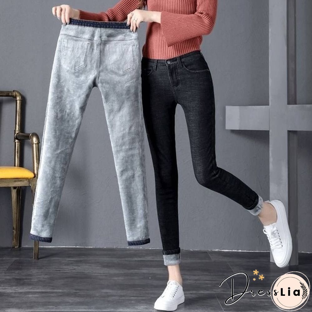 Winter Warm High Waist Velvet Jeans for Ladies To Wear Tights Warm for Ladies Denim Pencil Jeans Women's Thick Winter Socks