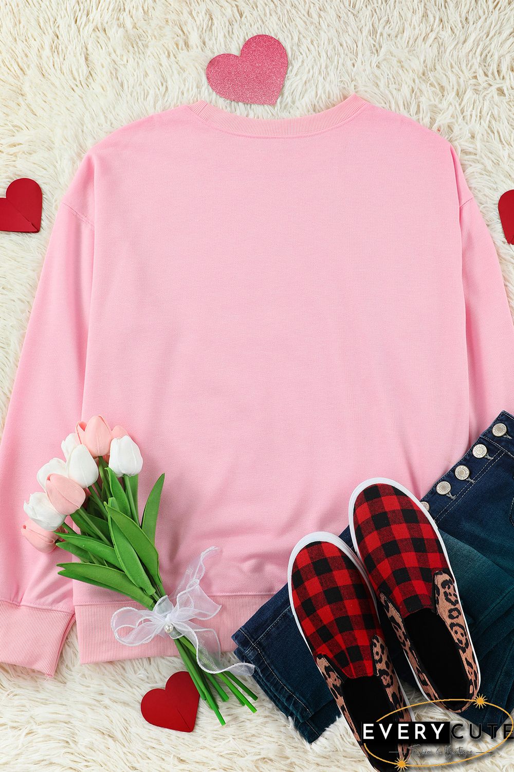 Pink Love Glitter Pattern Print Crew Neck Sweatshirt