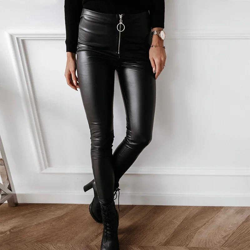 Slim fit PU zippered straight-leg pants