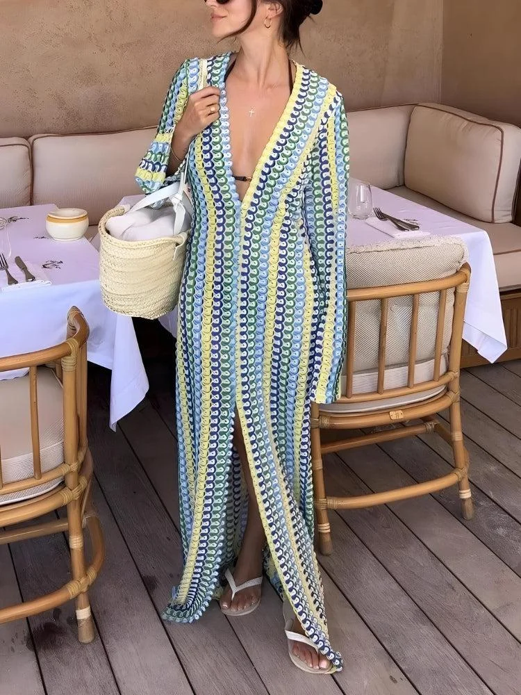 Brownm Striped Plunge Neck Maxi Dress