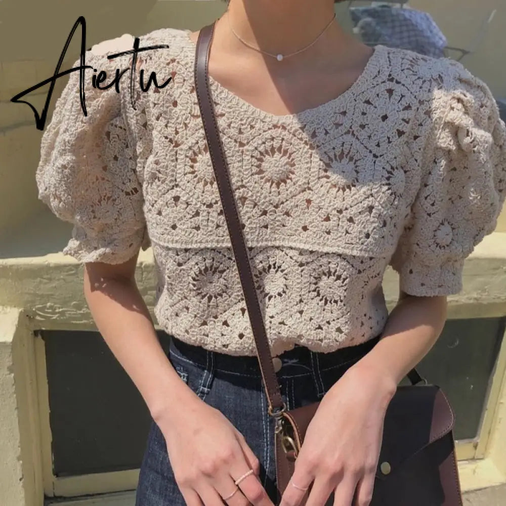 New Vintage Summer Pullover Tops Women Puff sleeve Hollow out shirt Female Retro Perspective Lace blouse Aiertu