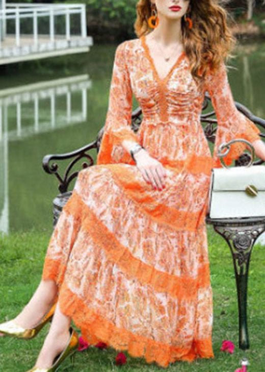 Natural Orange V Neck Print Long Dress Spring CK2684- Fabulory