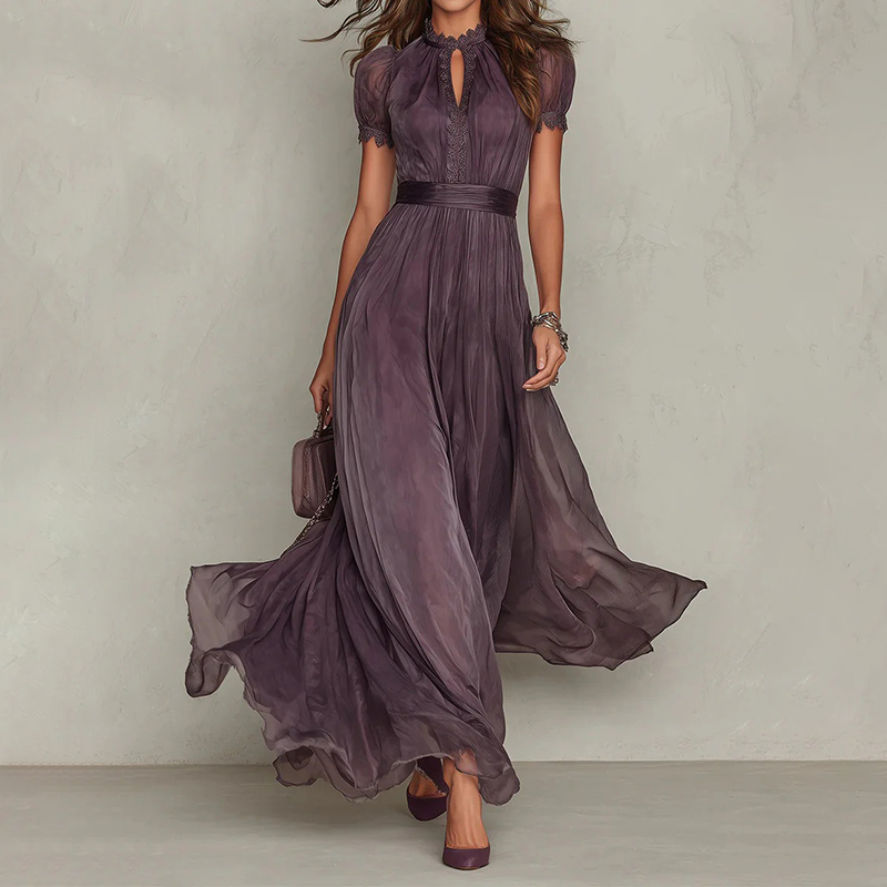 Comstylish Elegant Turtleneck Lace Spliced ​​flowing Chiffon Dress