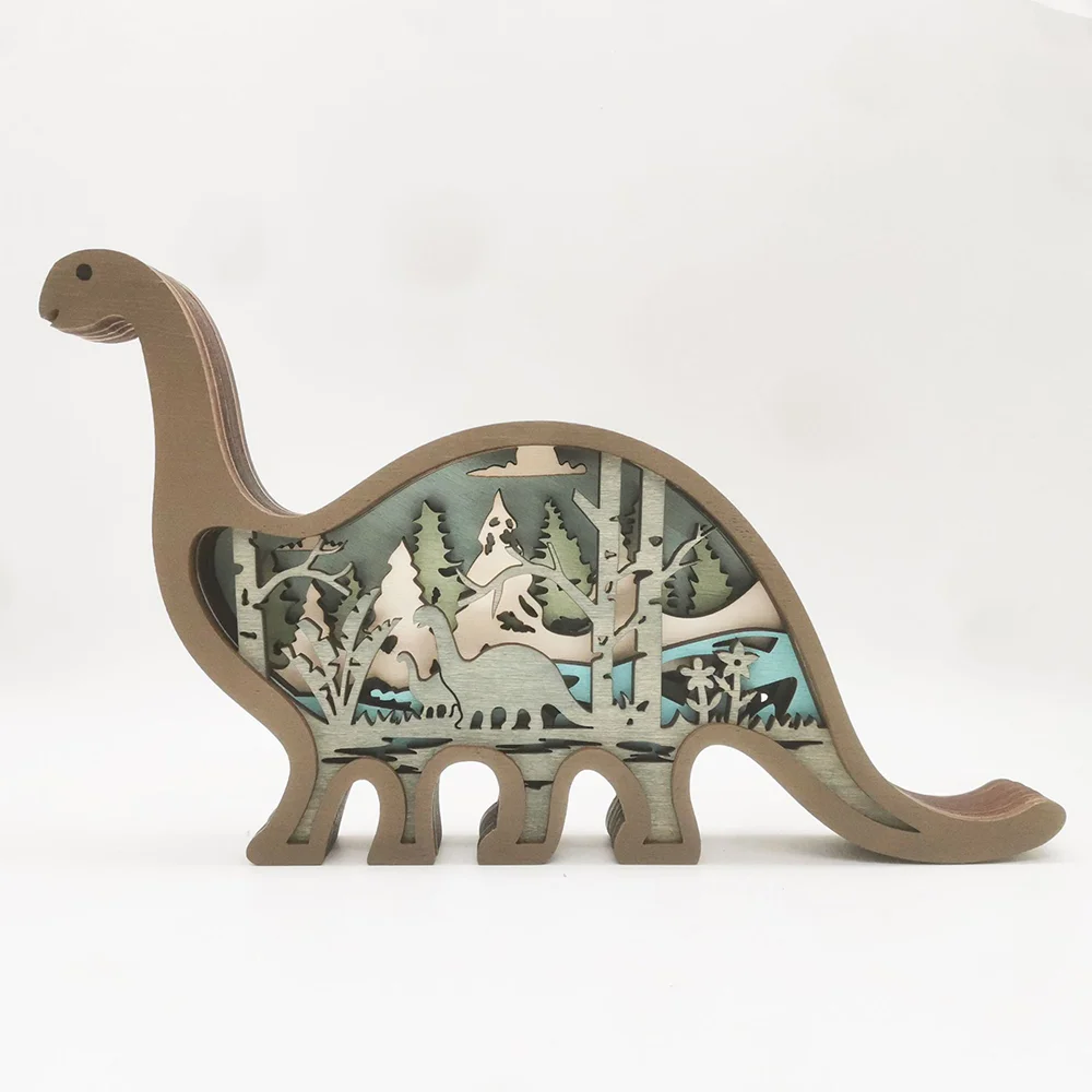 Purexcellent™ New creative forest animal wood carving long neck dinosaur desktop handicraft ornament