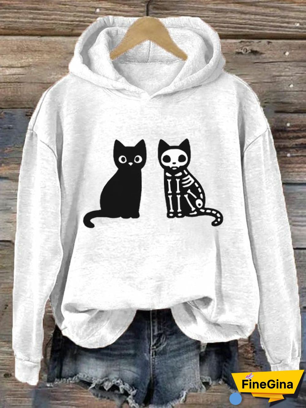 Women's Black Cat Halloween Print Hoodie