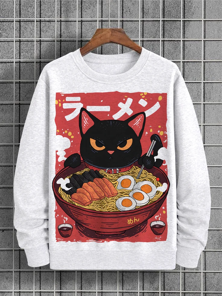 Men's Cat Eats Ramen Japanese Art Print Cotton Casual Sweatshirt