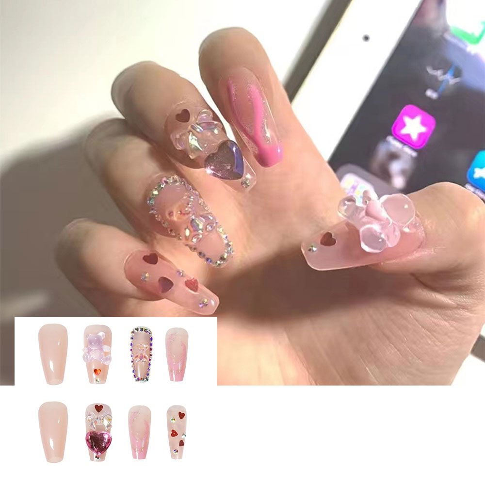 Shecustoms™ 24 Pcs Transparent Pink Shiny Diamond Cute Bear Press On Nails Coffin Long Fake Nail