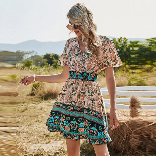 Casual V Neck High Waist Short Sleeve Print Dress