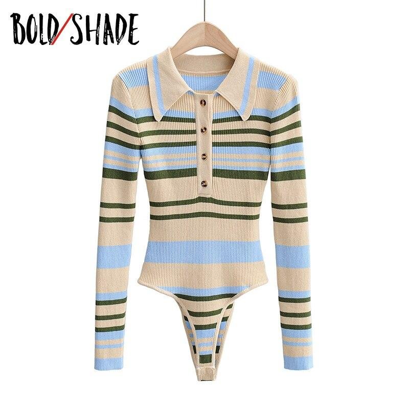 Bold Shade 90s Street Style Y2k Tops Colorblocking Striped Trun-down Collar Button Long Sleeve Indie Tee Slim Bodycorn T-shirts