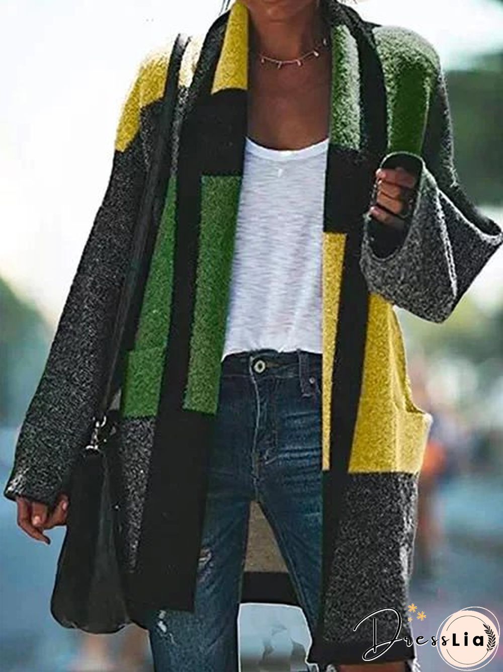 Color-block Boho Shawl Collar Patchwork Trench coat