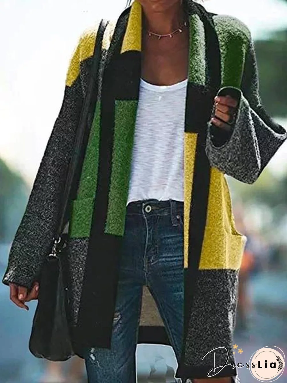 Color-block Boho Shawl Collar Patchwork Trench coat