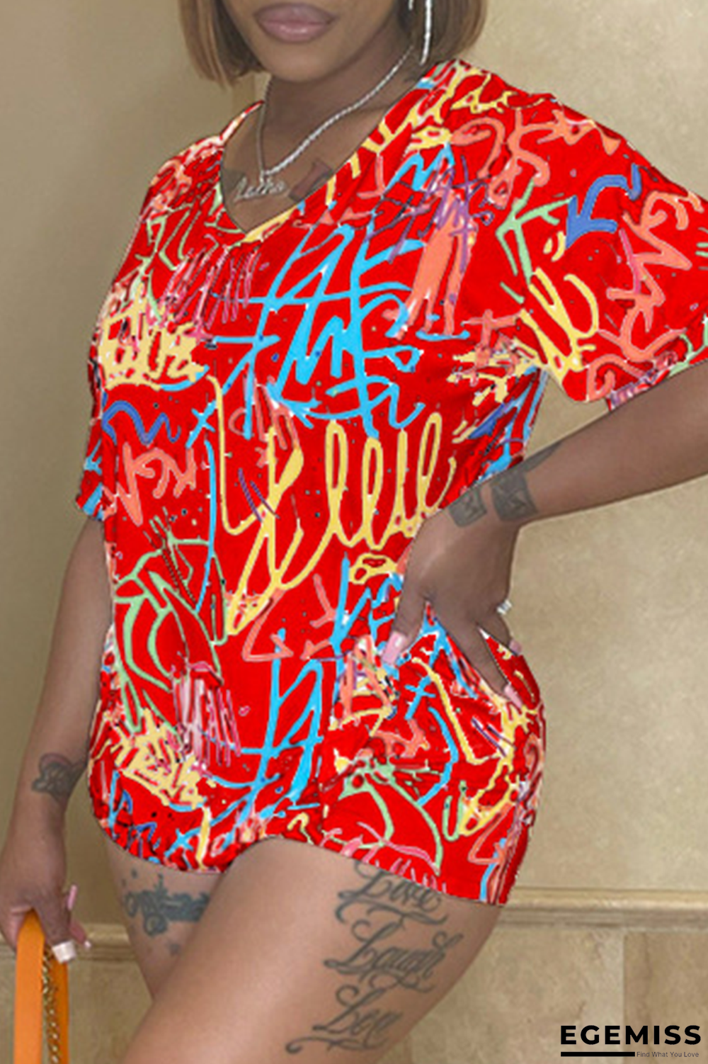 Red Casual Print Patchwork V Neck Short Sleeve Two Pieces | EGEMISS