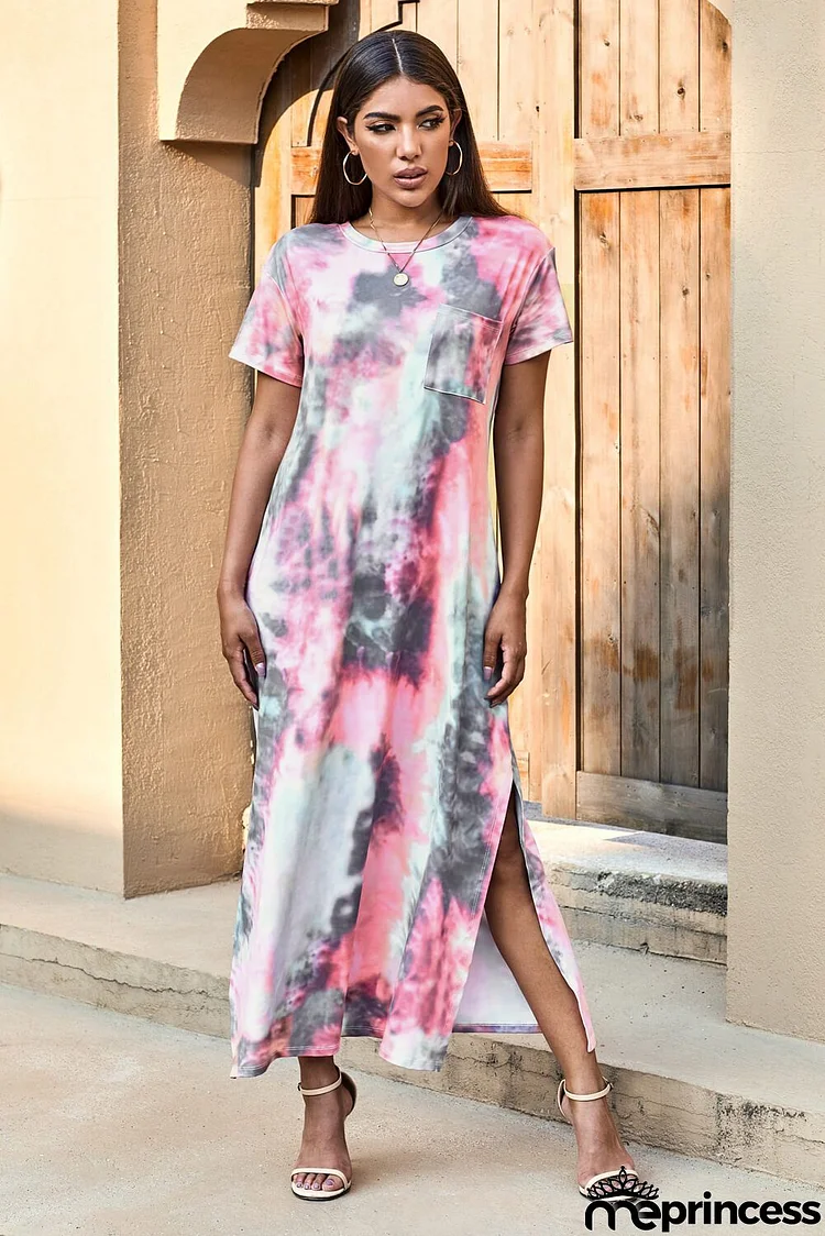 Casual Gray Tie Dye Short Sleeve Slit Maxi Dress