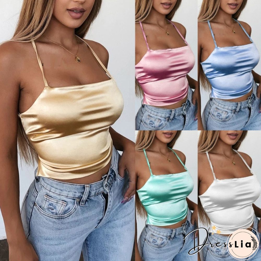 High Quality New Fashion Women Sexy Style Satin Silk Backless Back Bandage Vest Blouse Tops Strappy Summer Beach Cami Tank