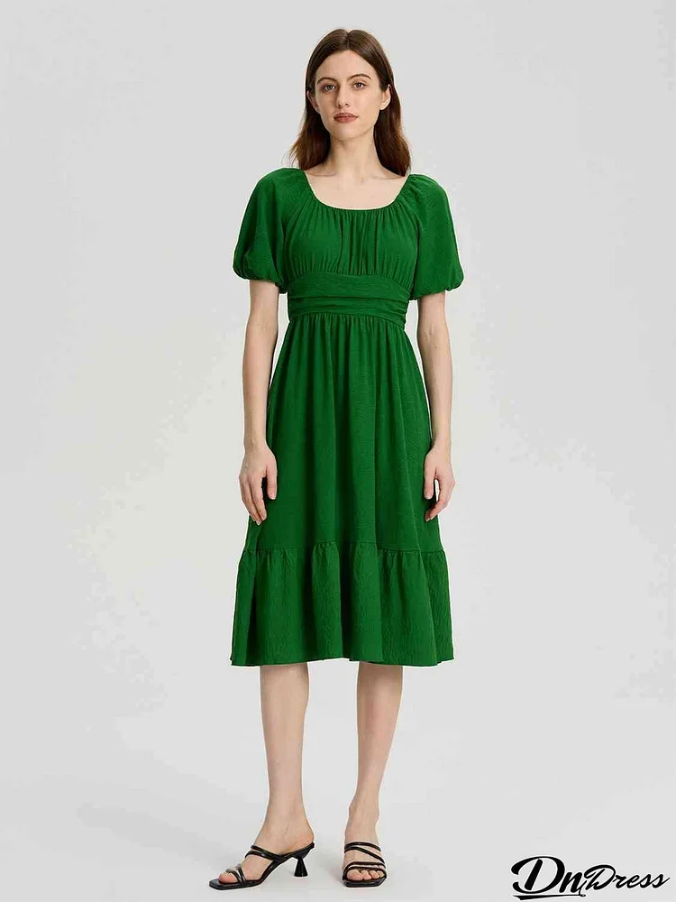 Ruffle Hem Square Neck Balloon Sleeve Dress