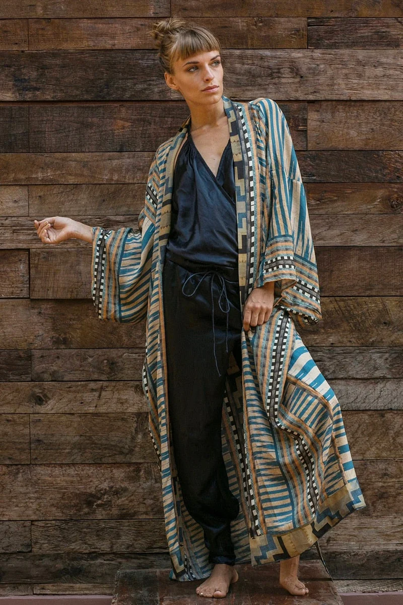 Fitshinling Vintage Geometric Beach Kimono Bohemian Oversized Cardigan With Belt Holiday Slim Ethnic Tribe Swimsuits Cover Up