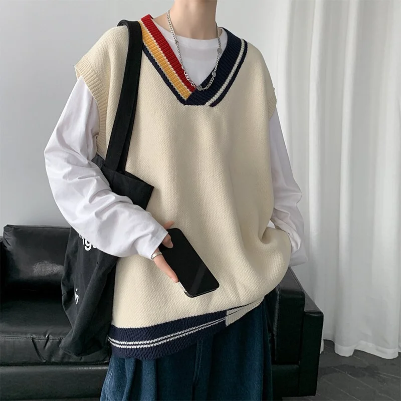Inongge Autumn Sweater Vest Men Oversized Fashion Casual V-neck Knitted Pullover Men Korean Loose Sleeveless Sweater Mens Jumper Clothes