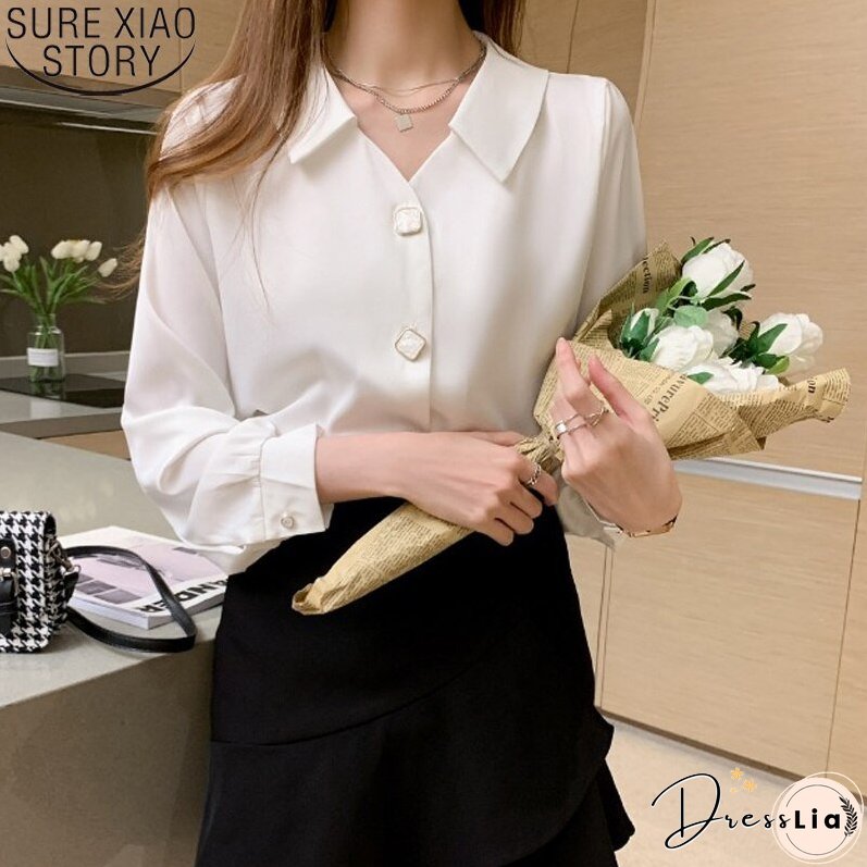 Autumn Long Sleeve Loose Shirt and Blouse Solid V-neck Shirt Office Lady Fashion Blouses Women Tops Blusas Clothes 11008