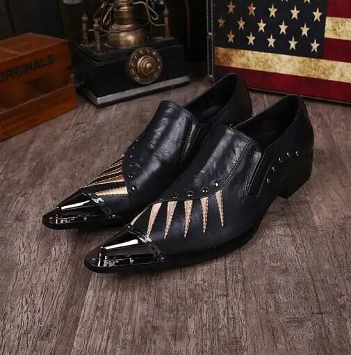 VCSHOES Mens Rivet Genuine Leather Shoes Zapatos Mujer Men Pointed Toe Embroidery Nightclub Party Oxfords