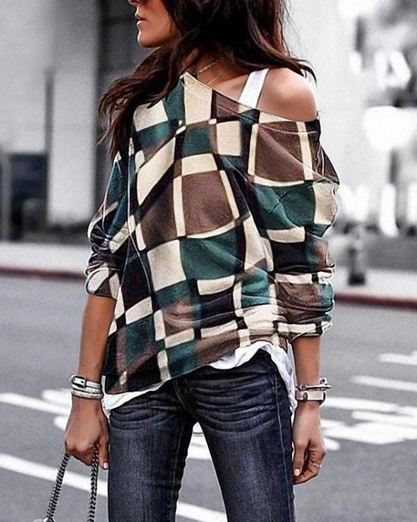 Plus Size Long Sleeve Vintage Geometric Cotton T-Shirts Tops
