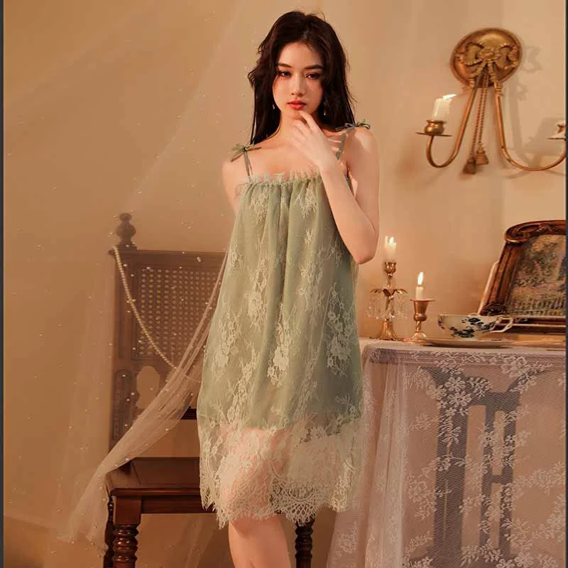 Uveng Spring Sling Pyjamas Dress Woman Summer Lace Sexy Ajart Lady Can Adjust Sling Large Size Pyjamas Home Clothes Woman