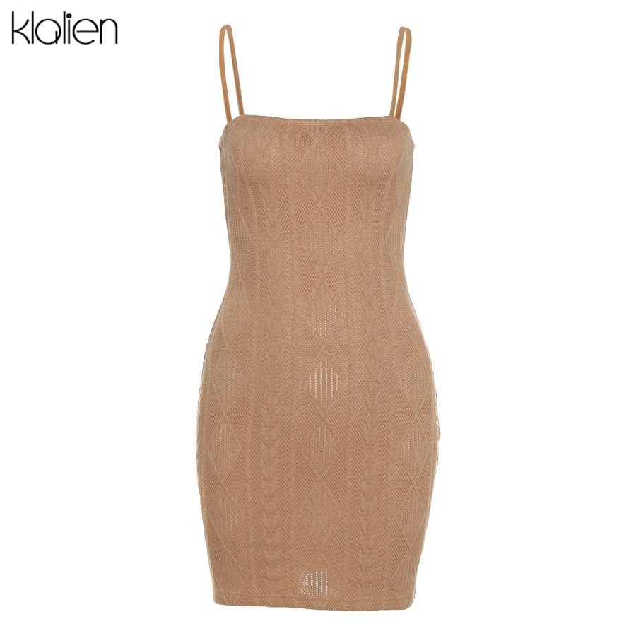 KLALIEN Women Fashion Elegant Streetwear Strap Mini Dress Summer 2022 New Solid Green Knit Stretch Slim Office Lady Dresses