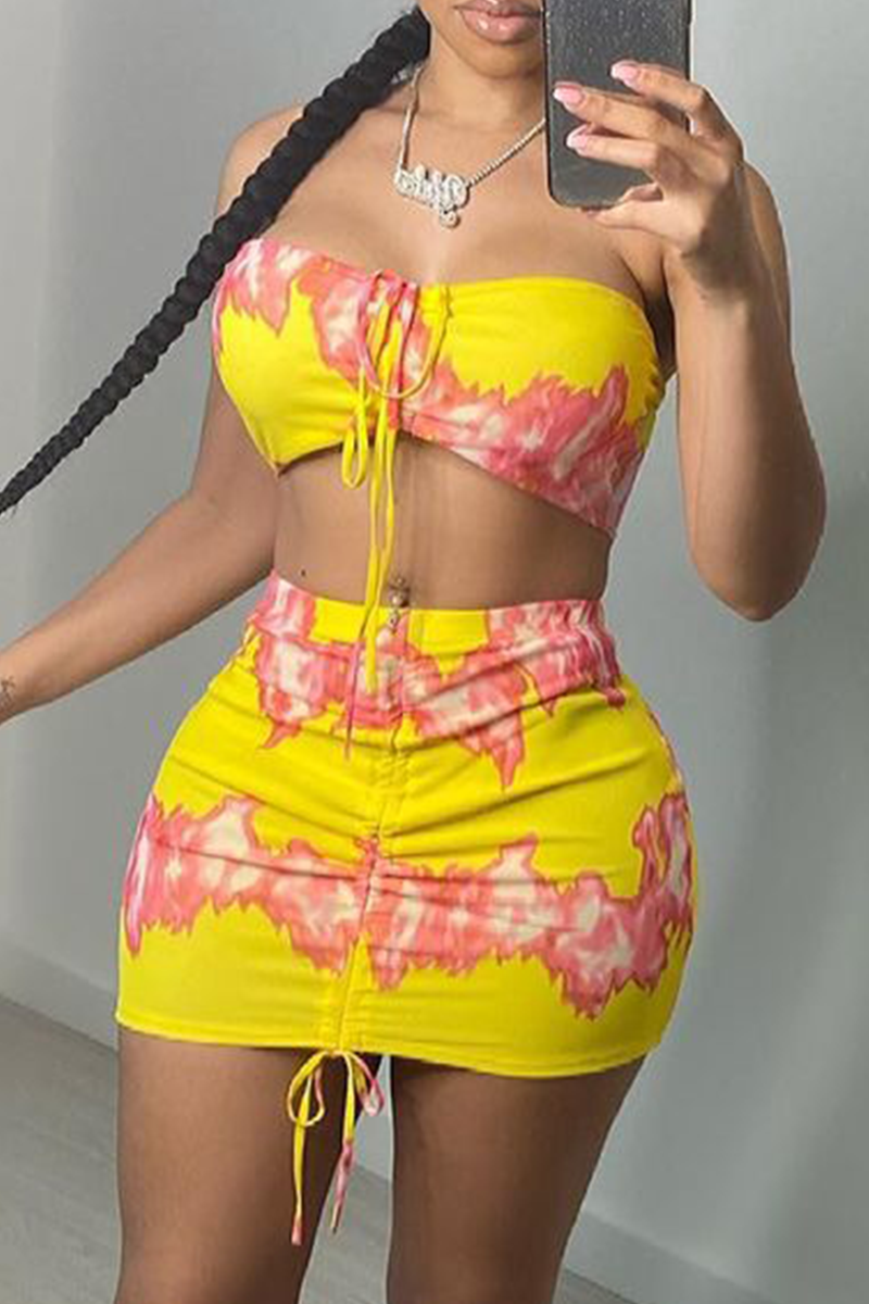 Yellow Sexy Print Bandage Patchwork Strapless Sleeveless Two Pieces