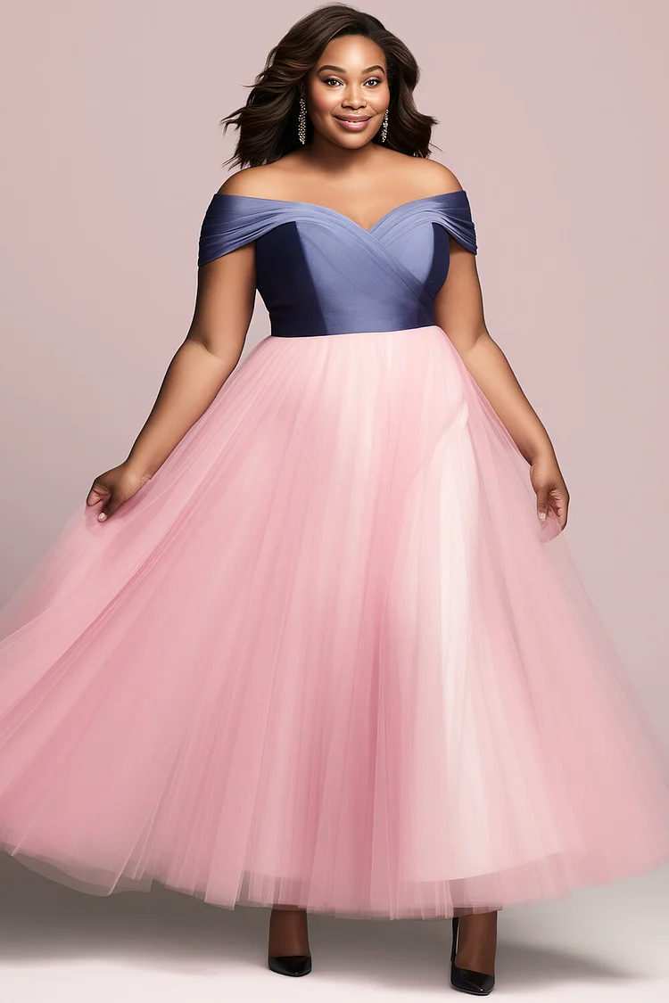Xpluswear Design Plus Size Prom Satin Pink Colorblock Off The Shoulder Contrast Tulle Maxi Dresses [Pre-Order] 2024 - Xpluswear