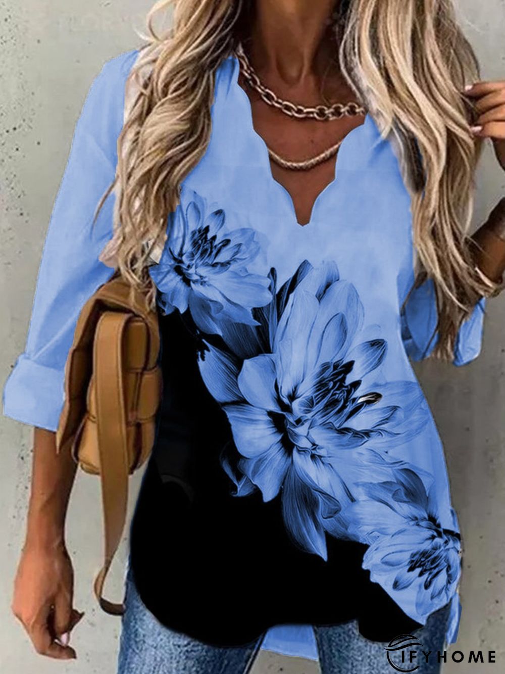 Casual Loosen V Neck Floral Long Sleeve Tunic Top | IFYHOME