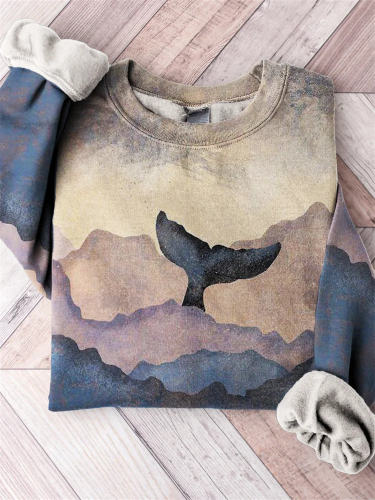 Whale Tail Behind Clouds Colorblock Art Sweatshirt