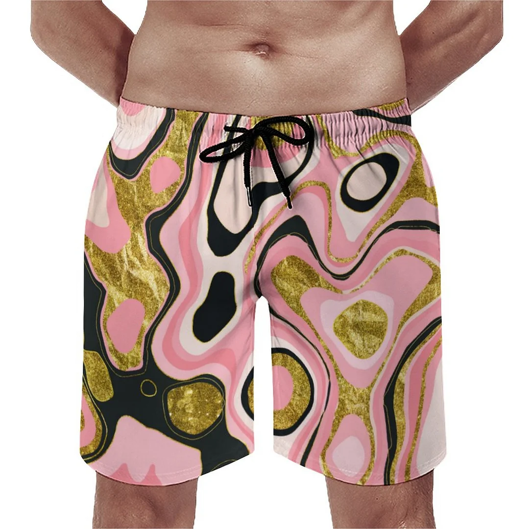 Abstract Pink Gold Marble Tie Dye Granite Men's Swim Trunks Summer Board Shorts Quick Dry Beach Short with Pockets