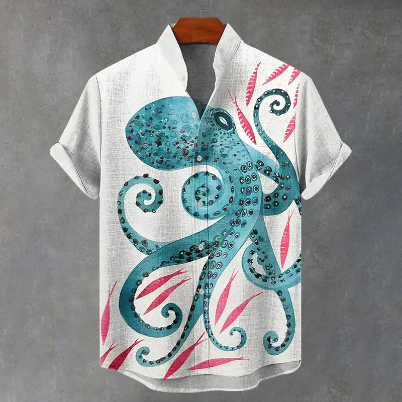 Men's Retro Japanese Octopus Print Short-sleeve Cotton Linen Shirt  artssus