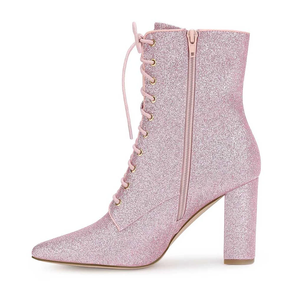 Pink Pointed Toe Side Zipper Lace Up Booties for Women with Glitter