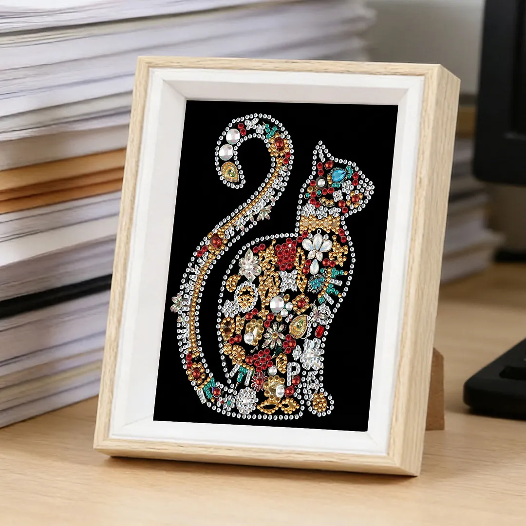 Jewelry Cat Silhouette Special Shaped 5D DIY Partial Drill Diamonds Dots Gem Art Kits with Wooden Frame Diamonds Paintings Gem Art 17x22cm for Adults Beginners Home Decor