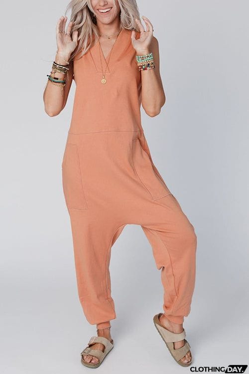 V Neck Solid Sleeveless Pocket Jumpsuit
