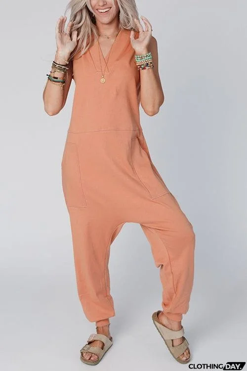 V Neck Solid Sleeveless Pocket Jumpsuit